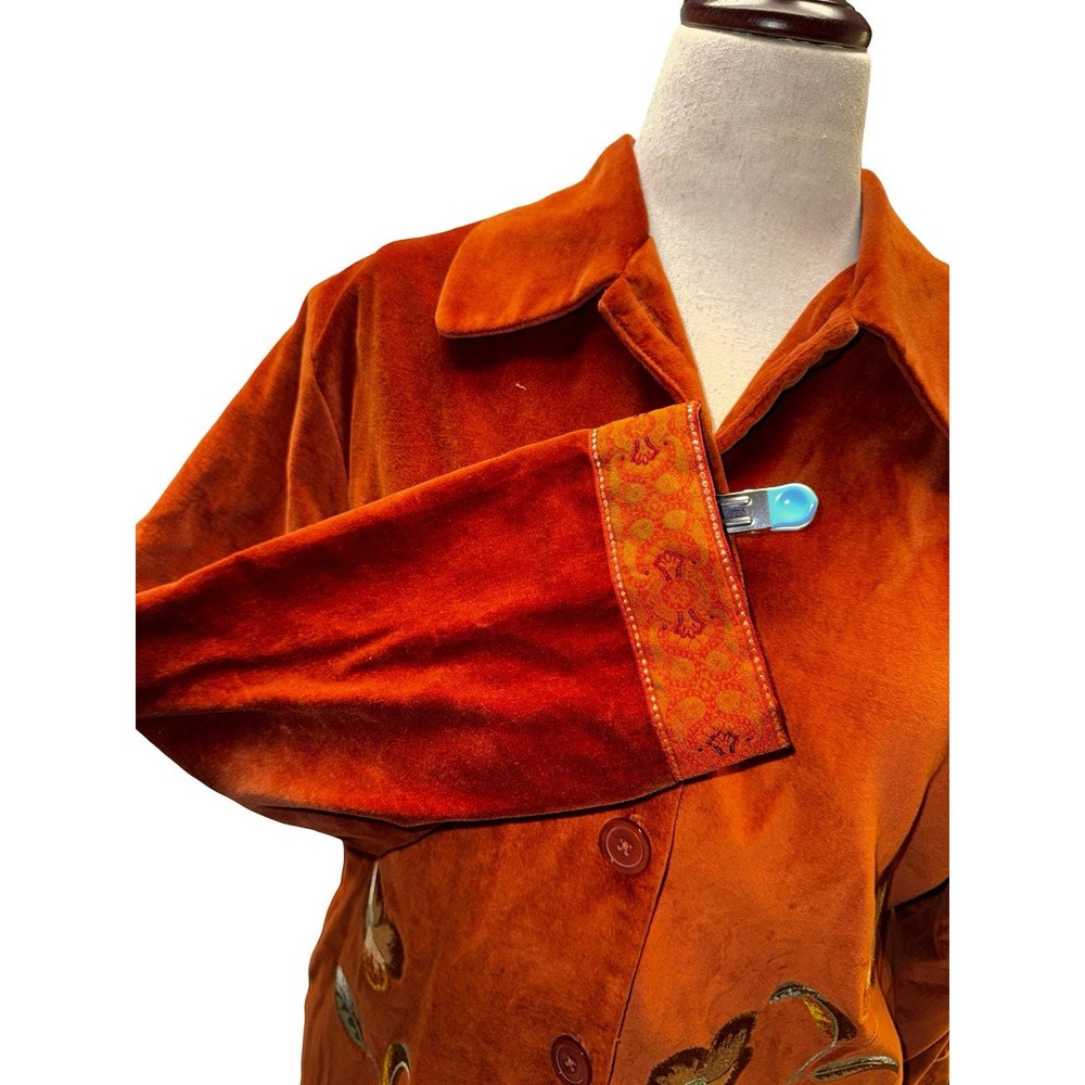 Jessica Holbrook Jacket Women Orange Velvet Floral Embroidered Button Up Size M - Picture 8 of 10